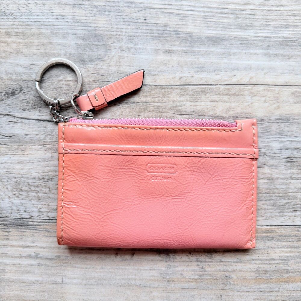 Coach Wallet Patent Leather Skinny Card Case Zip Keychain Coral Pink Coin Pouch